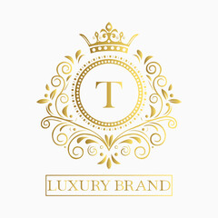 Luxurious and elegant logo design with a stylized letter T in gold featuring regal floral embellishments