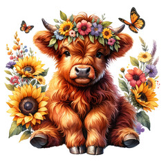 Highland Calf with Flower Crown: Adorable Highland calf sitting amidst sunflowers and wildflowers, wearing a vibrant flower crown, with butterflies fluttering nearby.  