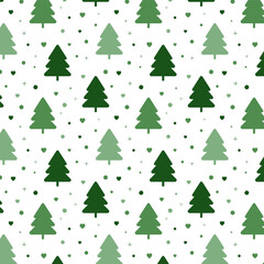 Christmas trees seamless pattern.Repeat pattern with green pine tree and snow hearts isolated on white background.Vector graphic illustration background wallpaper.