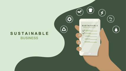 Sustainable business mobile procurement checklist with environmental icons and hand holding smartphone. Green business assessment and corporate responsibility. ESG concept. Vector illustration