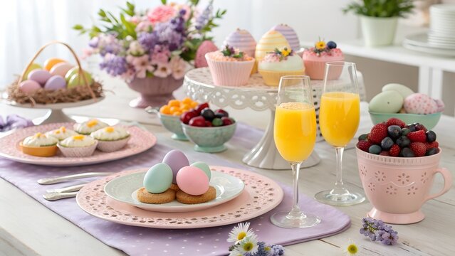 pastel easter brunch table setting with mimosas