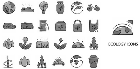 Ecology simple concept 24 hand drawn Grew color icons set .Vector illustration.	
