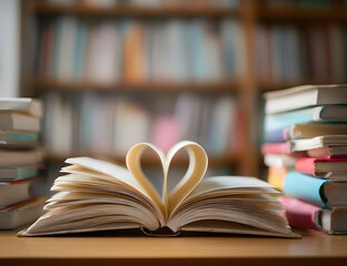Love story book with open page of literature in heart shape and stack piles of textbooks on reading desk in library study room for national library lovers month and education learning concept