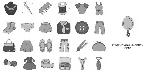 Fashion and Clothing simple concept 24 hand drawn Grew color icons set .Vector illustration.	