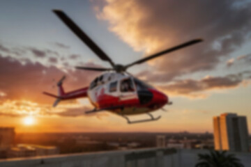 A blurry photo of a medical helicopter flying low over a city to pick up a patient.