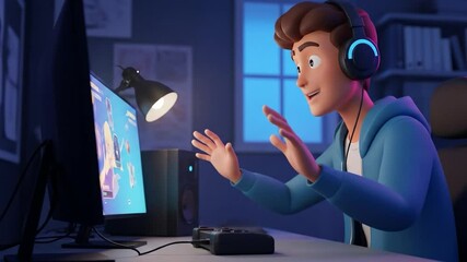 Animated Teen Gamer Immersed in a Video Game with Controller and Headphones