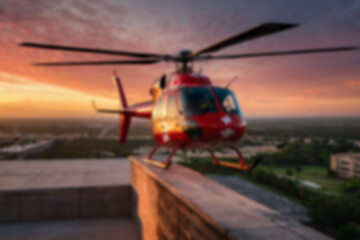 Fototapeta premium A blurry photo of a medical helicopter flying low over a city to pick up a patient.