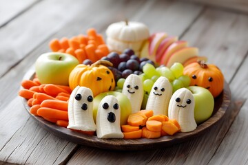 Healthy Halloween Snacks Assortment with Fresh Fruits and Vegetables, Fun Spooky Decorations, Creative Party Ideas

