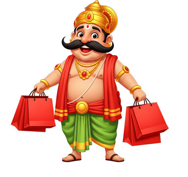 Cartoon King Mahabali Shopping with Bags &ndash; Onam Sale Promotion Image on Transparent background