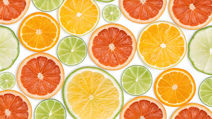 Obraz premium A vibrant seamless citrus pattern featuring fresh orange, lemon, and lime slices perfect for a tropical fruit background.