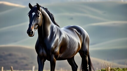 A black horse stands in a field with a green hill in the background