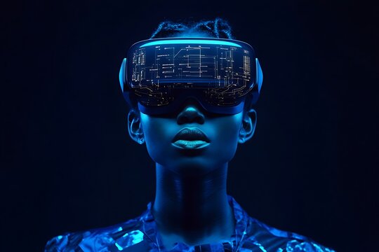A digital human avatar wearing VR glasses, with holographic circuit patterns and visible eyes on the helmet.