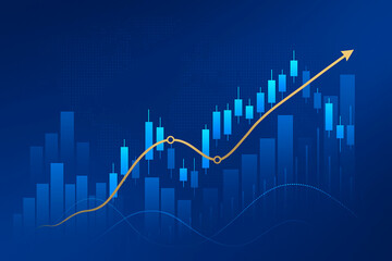 Financial stock market growth chart with upward trending arrow and candlestick graph