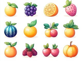 Minimalist Fruit Icons Set - Peach, Berry & Citrus in Pastel Gradients for UI/UX