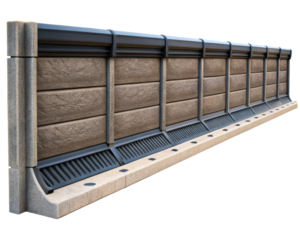 Modern modular concrete and composite retaining wall on a transparent background