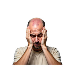 Bald Man with Head in Hands, Showing Stress and Anxiety
