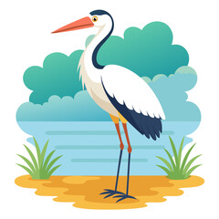 Stork Standing by Lake with Plants