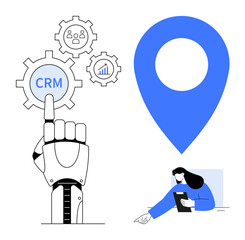Robotic hand navigating CRM and analytics gear icons, large blue map pin, and woman holding a clipboard. Ideal for automation, analytics, team workflow, technology, CRM integration, business
