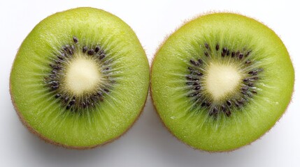 Fototapeta premium Fresh kiwi halves with vibrant green flesh and black seeds, showcasing nature's juicy perfection.