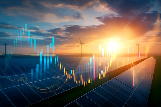 Renewable energy investment growth with solar panels and wind turbines at sunset - Powered by Adobe