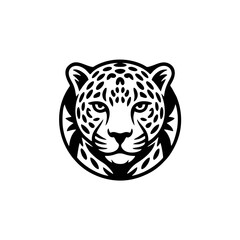 A stylized black and white cheetah head, encircled, facing forward.
