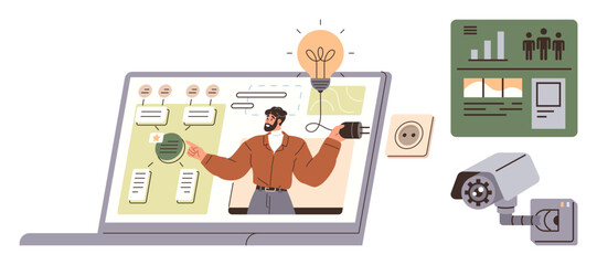 Man explaining interconnected data on a laptop screen, lightbulb, and plug concept. Background includes a security camera and analytics chart. Ideal for technology, innovation, analysis