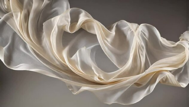 Waves of silk or soft fabric twisting in the air in slow motion, forming elegant flowing shapes against a light neutral backdrop.