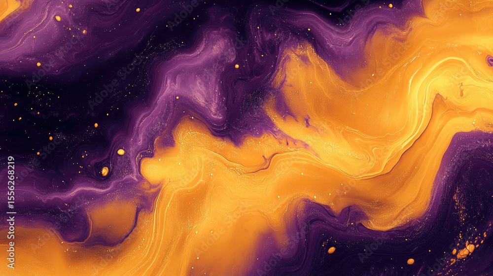 Poster abstract liquid pattern in glossy yellow and purple tones creating fluid movement and visual rhythm