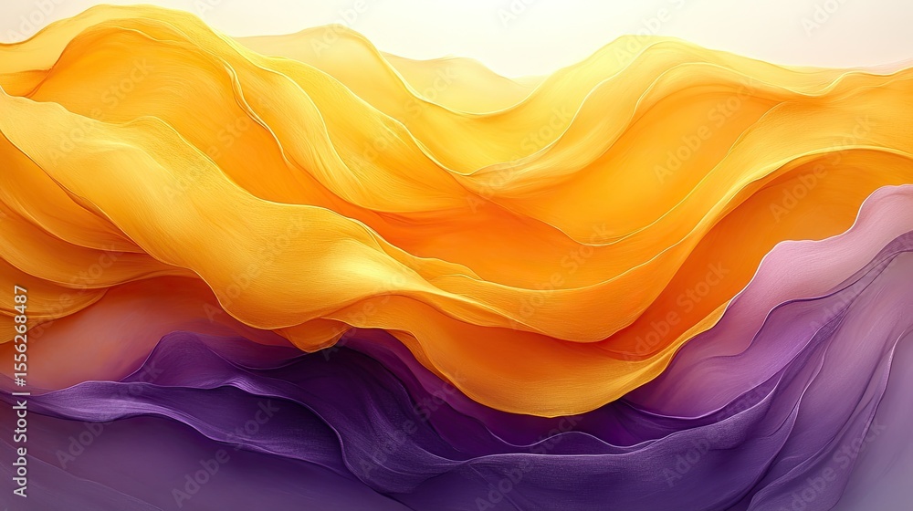 Fototapete curved abstract waves of golden yellow and deep violet flowing in harmony across a modern backdrop
