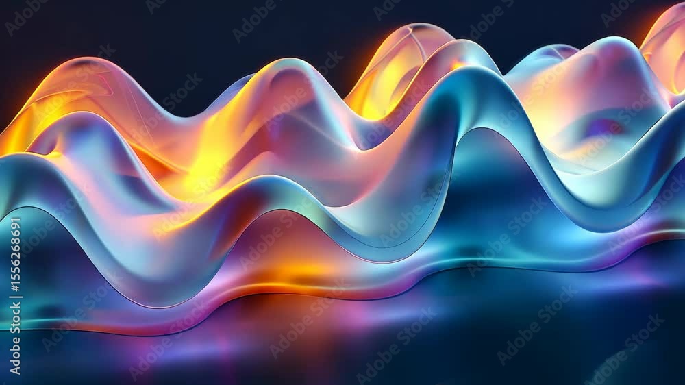 Poster abstract design of a wavy iridescent shape illuminated by soft glows, captivating fluid motion