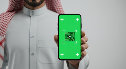 Arab Man Using Smartphone to Scan QR Code, Digital Technology in Modern Life