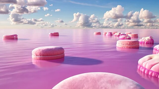Pink floating objects on a pink lake, under a cloudy sky