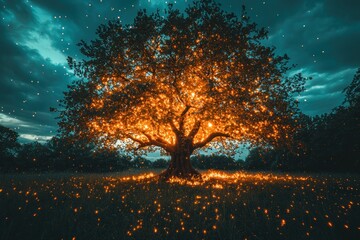 Illuminated ancient tree in a mystical meadow at twilight