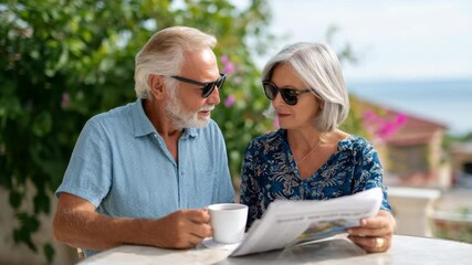 Senior couple smiling and relaxed, wearing sunglasses, enjoying coffee and reading newspaper outdoors at table in sunny garden with green plants and flowers, feeling content and peaceful with sea view - Powered by Adobe