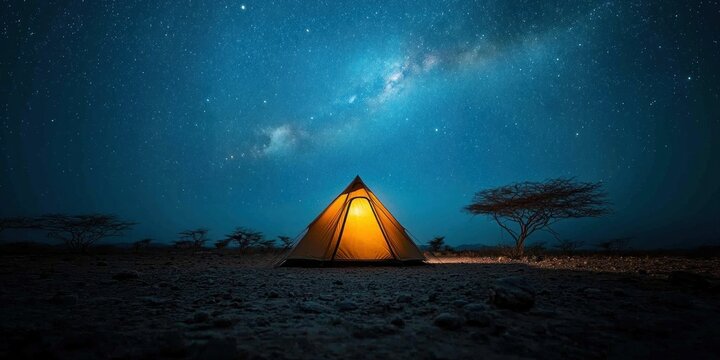 Illuminated tent under a starlit sky