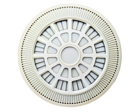 Round white plastic replacement filter for an air purifier on a transparent background