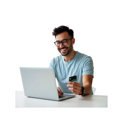 Happy Man Making Online Payment with Credit Card on Laptop