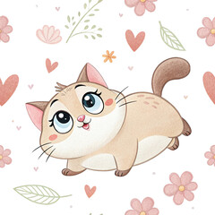 seamless watercolor pattern cat on white background