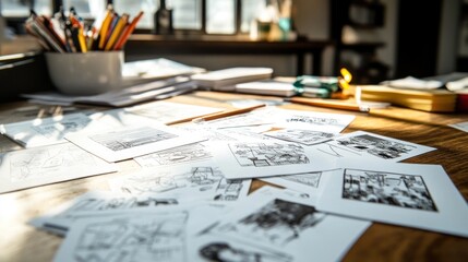 Scattered comic sketches on a wooden table