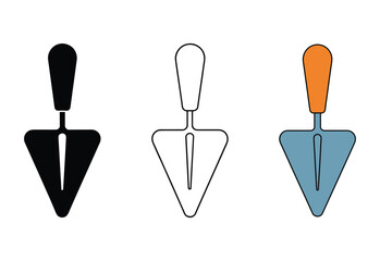 Three trowel icons in black silhouette outline and color on white background