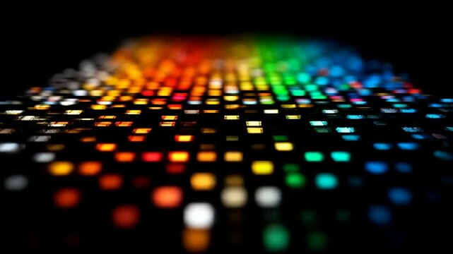 Abstract grid of blurred colorful squares receding into darkness (AI Video)