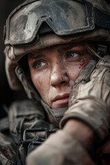 Fototapeta premium Portrait of female soldier with sadness in her eyes