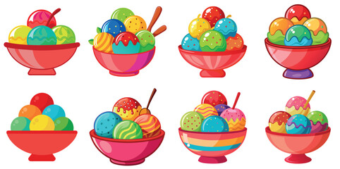 A cartoon collection of ice cream bowls filled with various colorful scoops vector illustrations