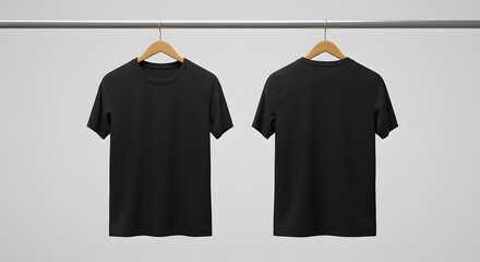 Two blank black t-shirts, front and back, hanging on a clothes rack.