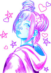 A cute anime girl with stylish makeup, star-shaped hair clips, and charming earrings, styled in pastel tones with a whimsical and trendy look