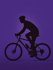 Obraz premium A cyclist in a racing posture on a road bike, wearing a helmet and focused silhouette, captures the essence of motion against a purple backdrop.