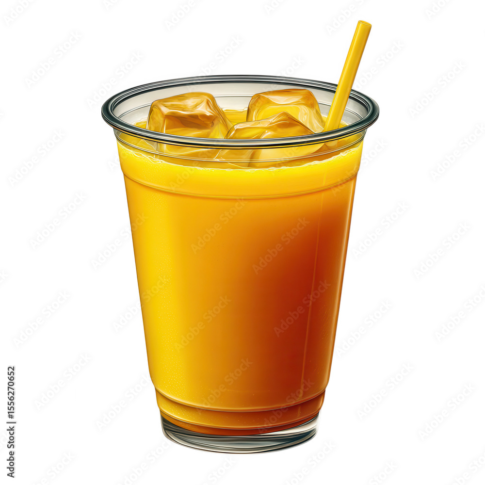 Poster orange juice with ice cubes and straw isolated on transparent background