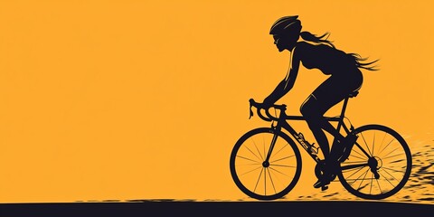 Fototapeta premium Female cyclist in action shot, road bike silhouette against vibrant orange backdrop, dynamic movement captured in motion blur.