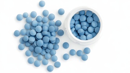 Spilled blue pills near an open white container signify the variety of pharmaceuticals used in various health care scenarios featuring medication elements creating an impressive visual impact.