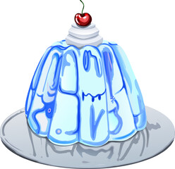 A sweet jelly dessert topped with whipped cream and a cherry, elegantly served on a silver plate, perfect for food and dessert imagery